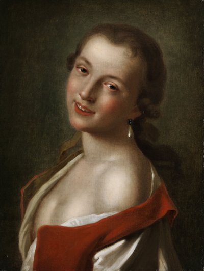 Halbbildnis eines jungen lächelnden Mädchens mit tropfenförmigem Perlohrring von Pietro Antonio Rotari